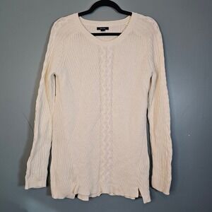 Nautica Cream Cable Knit Sweater Women's Size L Long Sleeve Crew Neck Cotton
